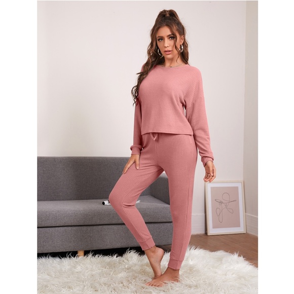 Waffle Knit Casual Pink Loungewear Top - Picture 4 of 8